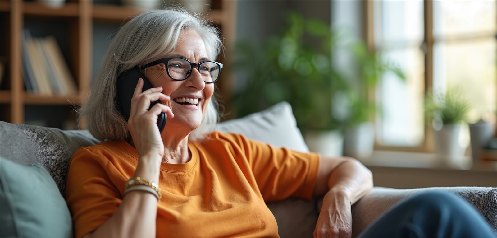 A woman laughing warmly during a phone call at home